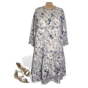 POLAGRAM Tiered Blue Floral Layered Knee Length Flowy Dress, NWT! Size 2X